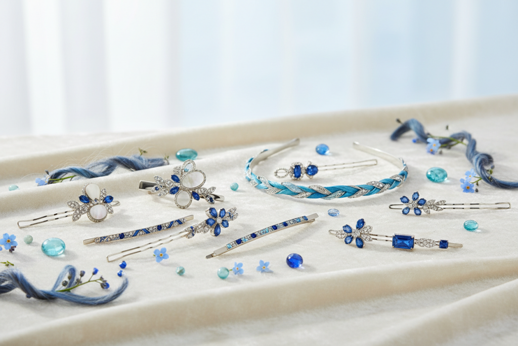 Bijoux élégants posés à côté d’accessoires capillaires bleus sur un fond doux et lumineux.