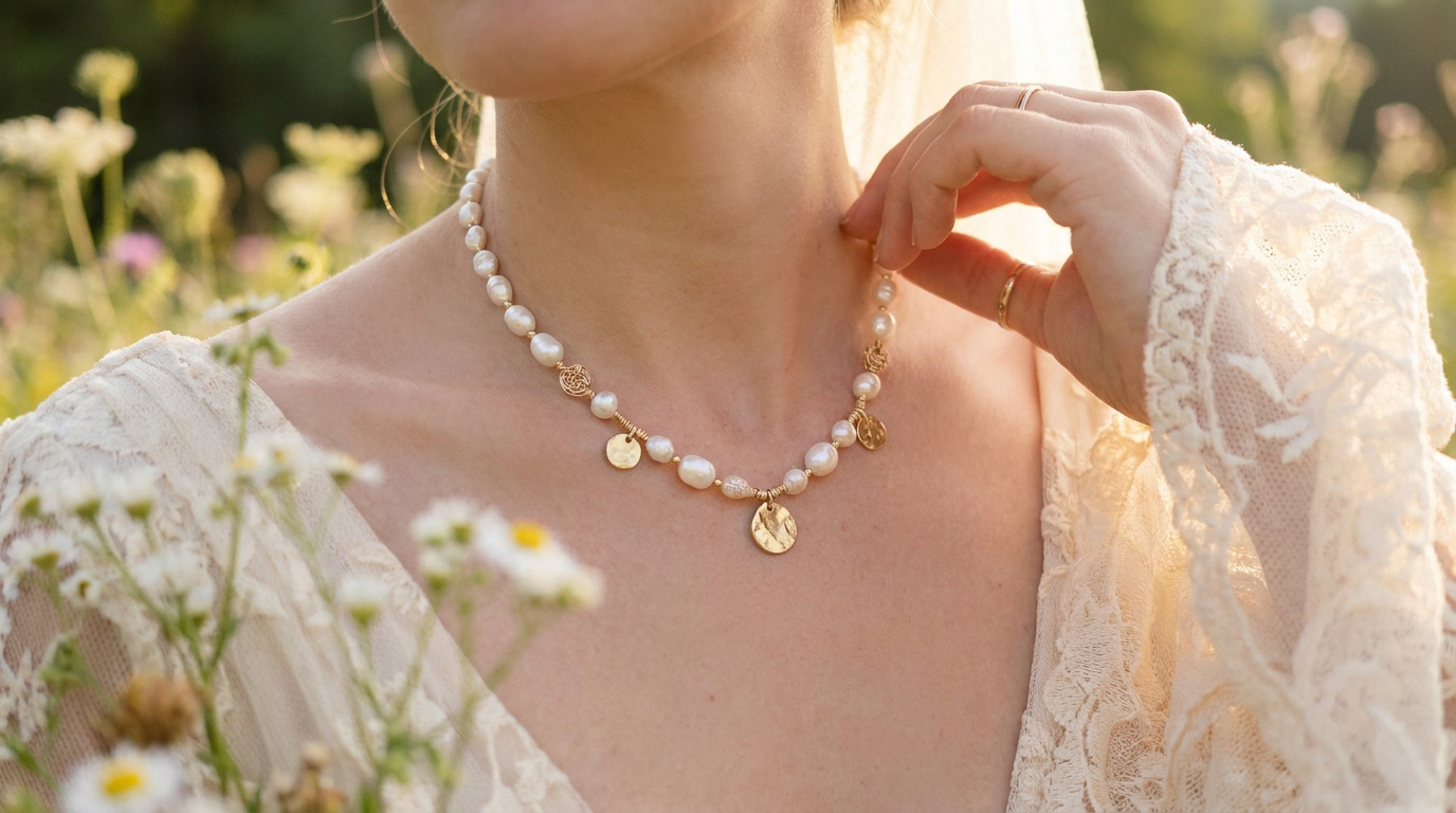 Une mariée portant un collier de perles baroques avec des médailles dorées dans un champ fleuri.