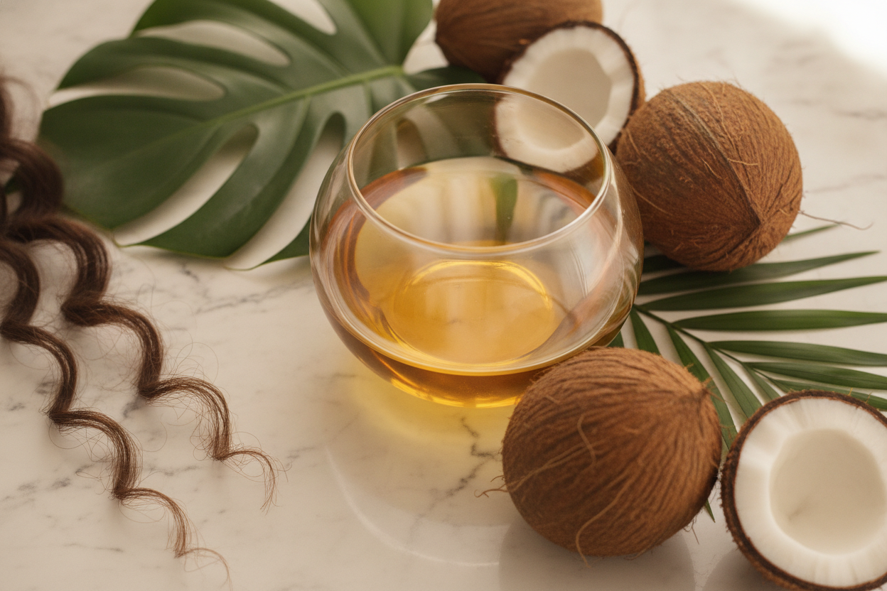 Bol d'huile dorée sur marbre blanc entouré de noix de coco, pour un bain d'huile capillaire nourrissant.