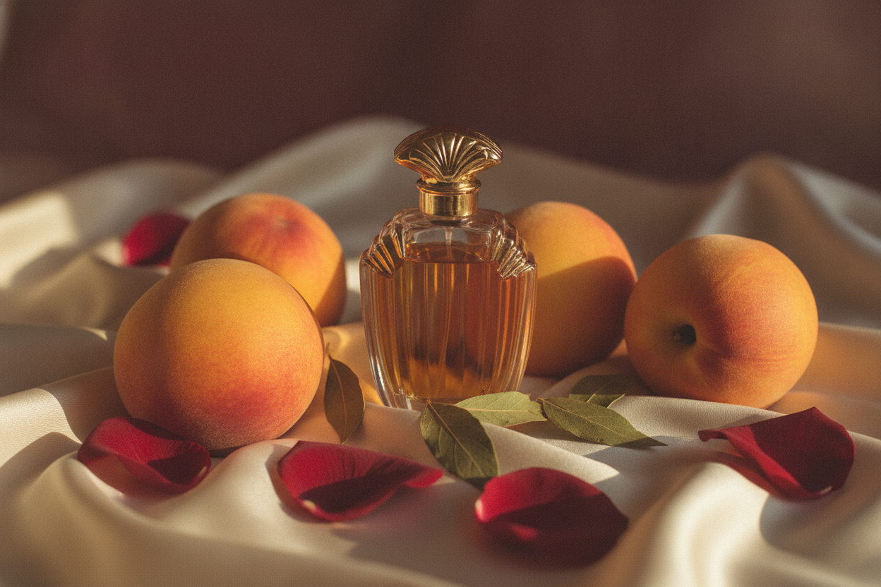 Flacon de parfum vintage doré posé sur soie ivoire, entouré de pêches veloutées et pétales de rose sombres.