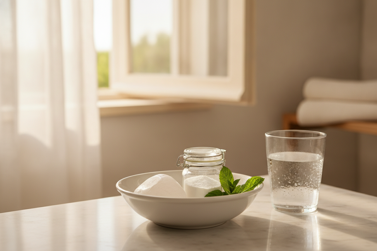 Pierre d'alun, bicarbonate et menthe fraîche posés sur marbre blanc dans une salle de bain lumineuse en été.