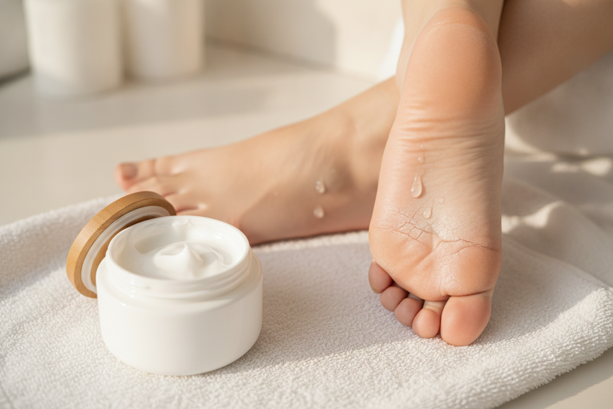 Talons crevassés et secs posés sur une serviette blanche, avec un pot de crème réparatrice ouvert à côté.