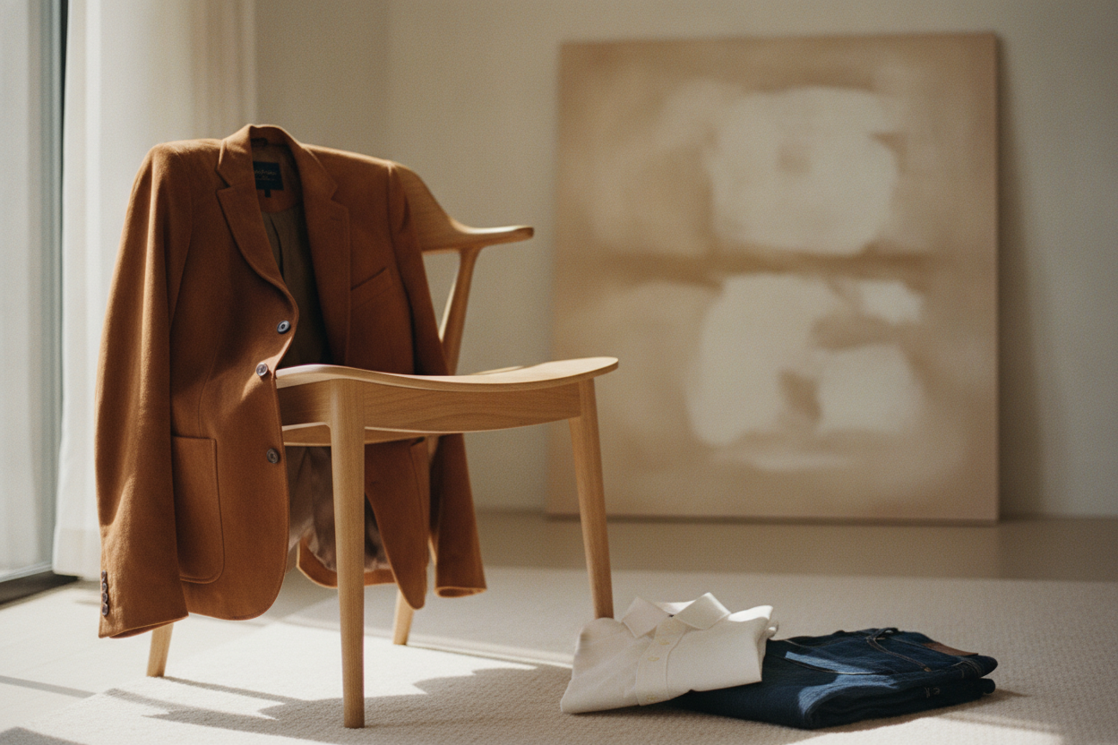Veste homme en suédine caramel posée sur une chaise en bois dans un intérieur lumineux et épuré.