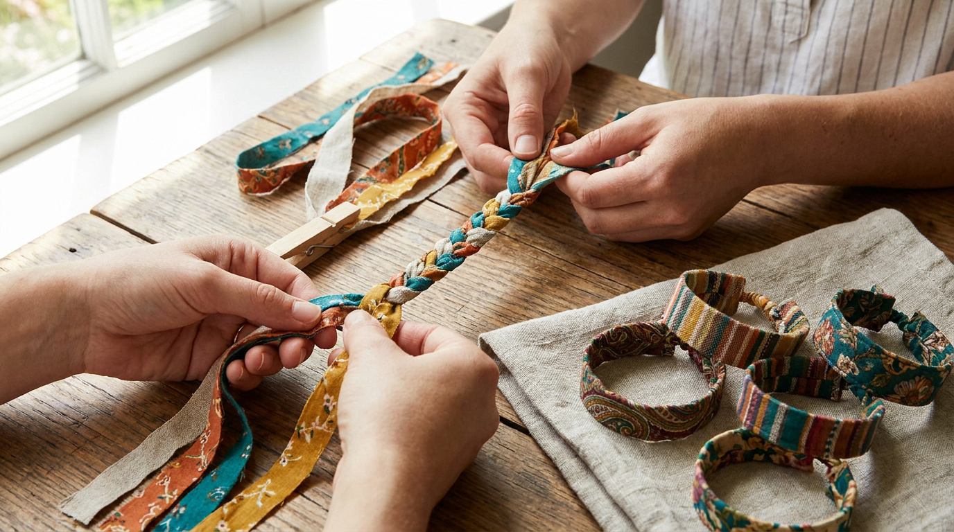 Gros plan sur des mains tressant des bandes de tissu coloré sur une table en bois près de plusieurs bracelets finis.
