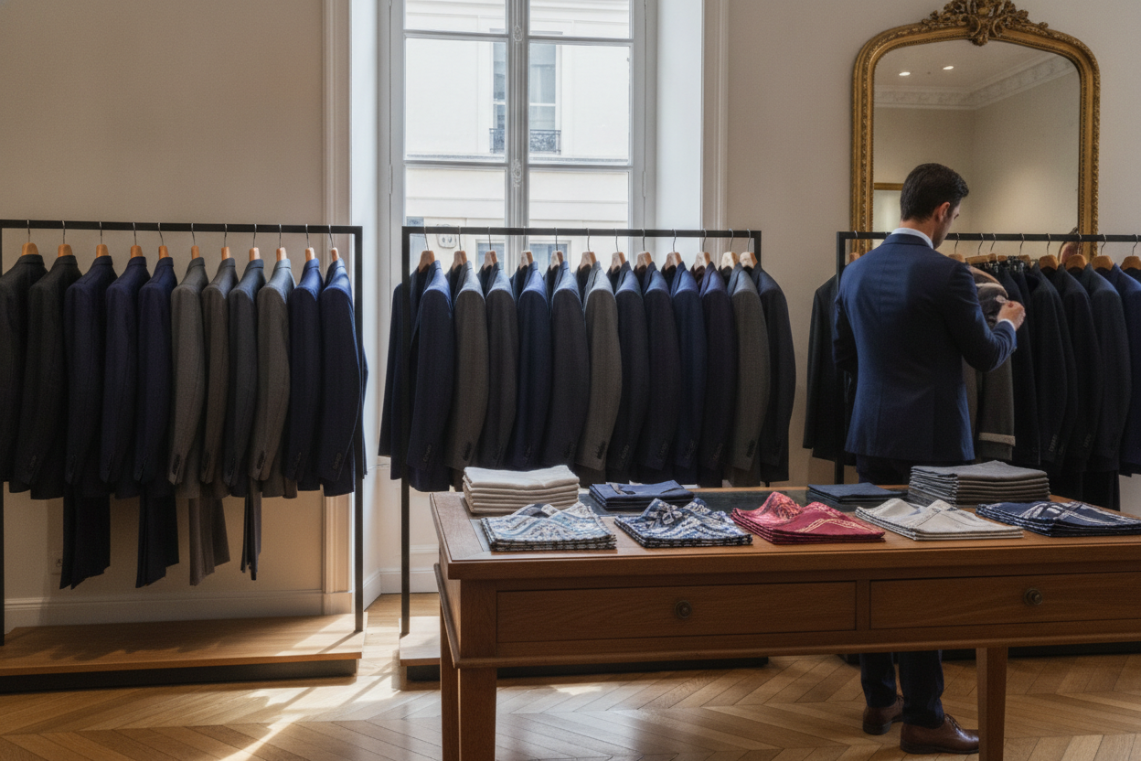 Intérieur d'une boutique parisienne de costumes homme avec des vêtements soigneusement disposés sur des portants.