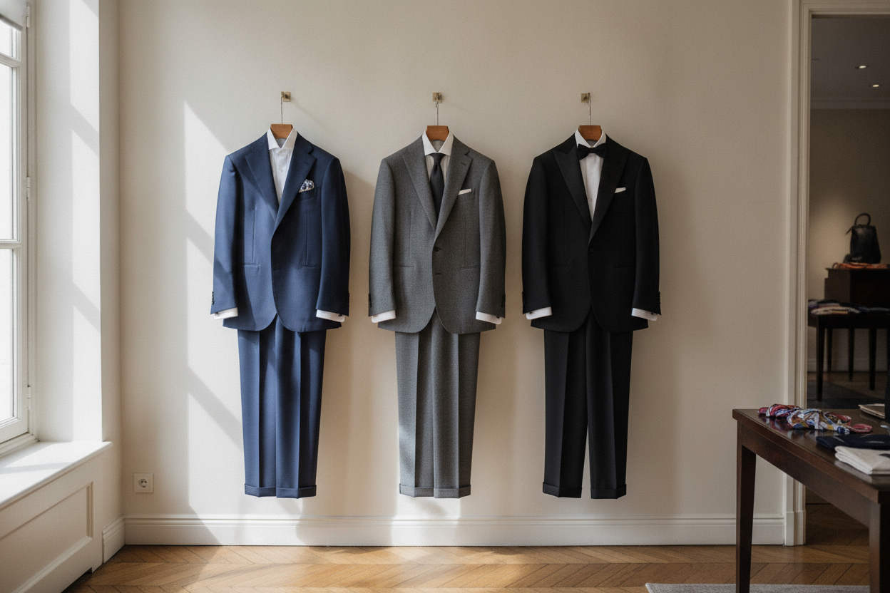 Trois costumes homme suspendus représentant le mariage, l'entretien professionnel et la soirée de gala dans une boutique parisienne.