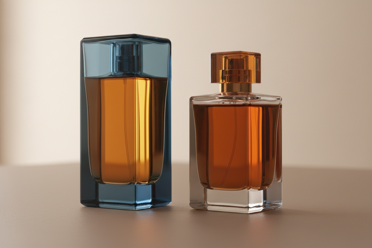Deux flacons de parfum distincts côte à côte montrant les différences olfactives et visuelles.