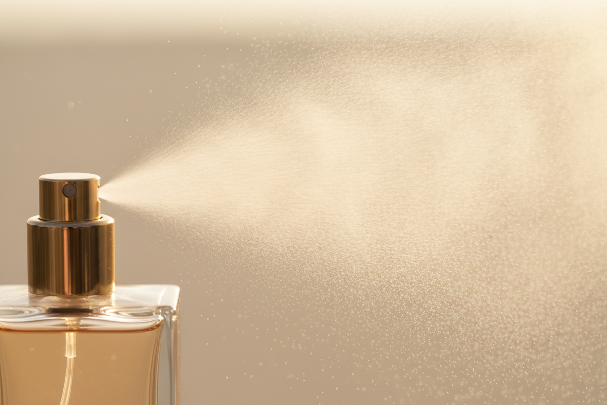 Vaporisation d'un parfum de luxe montrant la projection et le sillage en conditions réelles de diffusion.