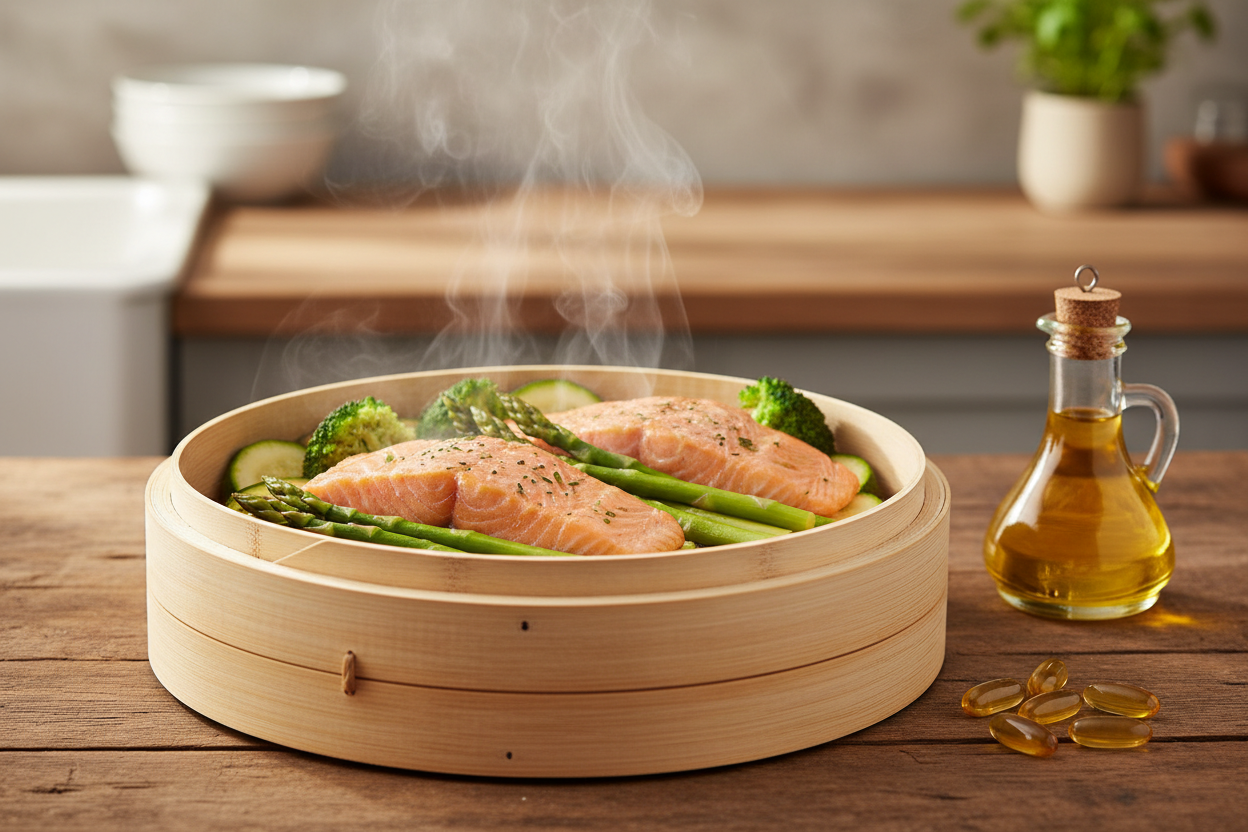 Cuisson vapeur de saumon avec huile d'olive et compléments naturels pour préserver les nutriments cardioprotecteurs.