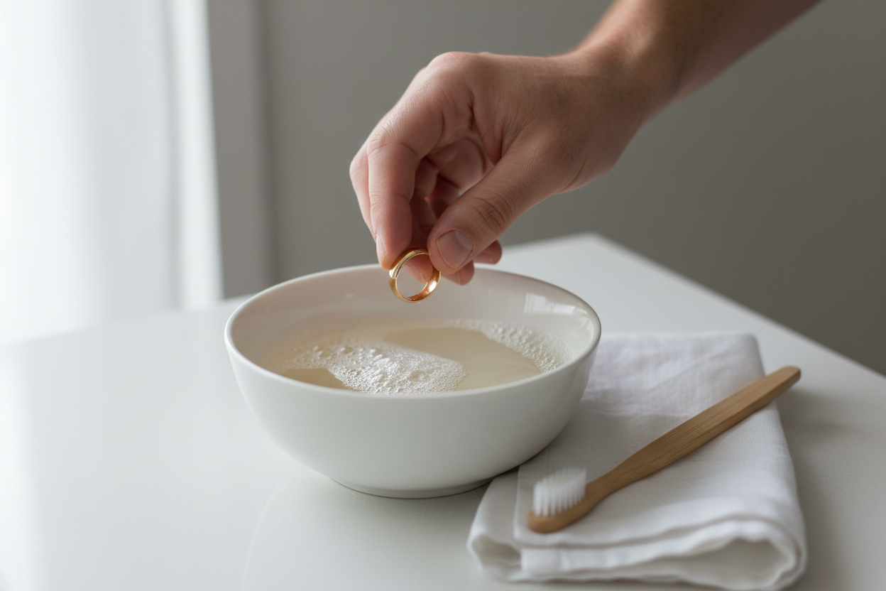 Main masculine nettoyant une alliance dorée avec une brosse douce dans de l'eau savonneuse.