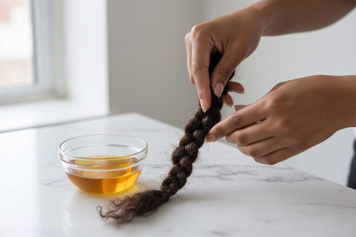 Mains appliquant délicatement de l'huile tiède sur des mèches de cheveux épaisses, section par section.