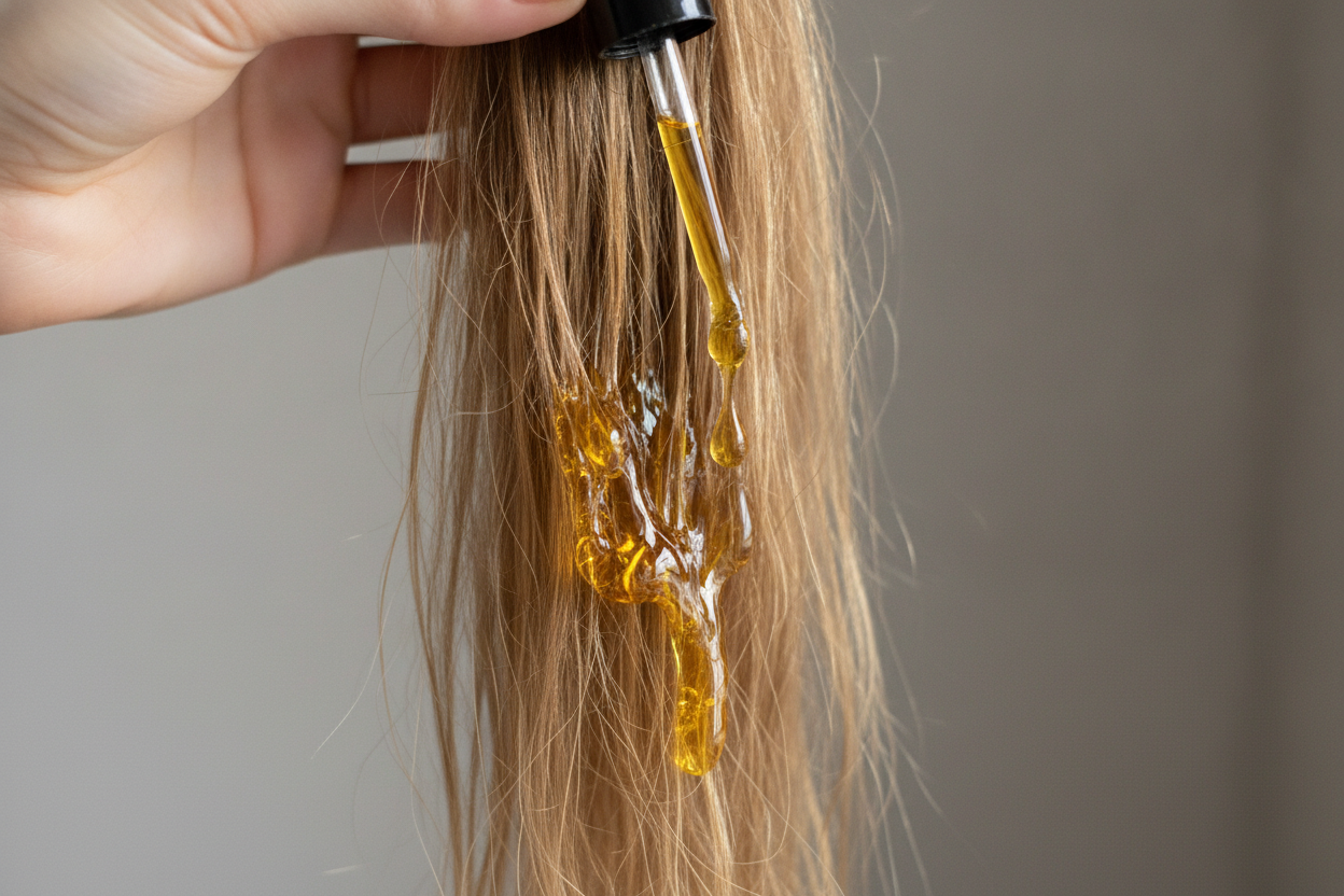 Excès d'huile appliqué sur des cheveux secs, illustrant les erreurs classiques du bain d'huile mal réalisé.