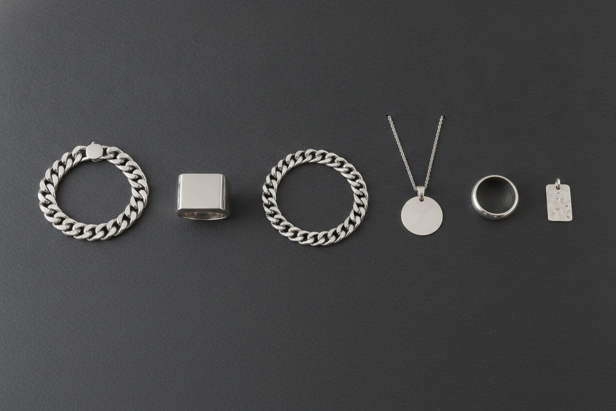 Plusieurs bijoux en argent pour homme disposés côte à côte pour comparer styles et gammes de prix.