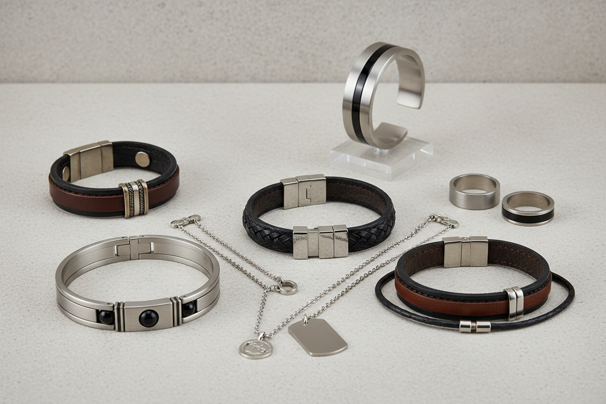 Sélection de bijoux pour hommes affichant différentes catégories et gammes de prix.