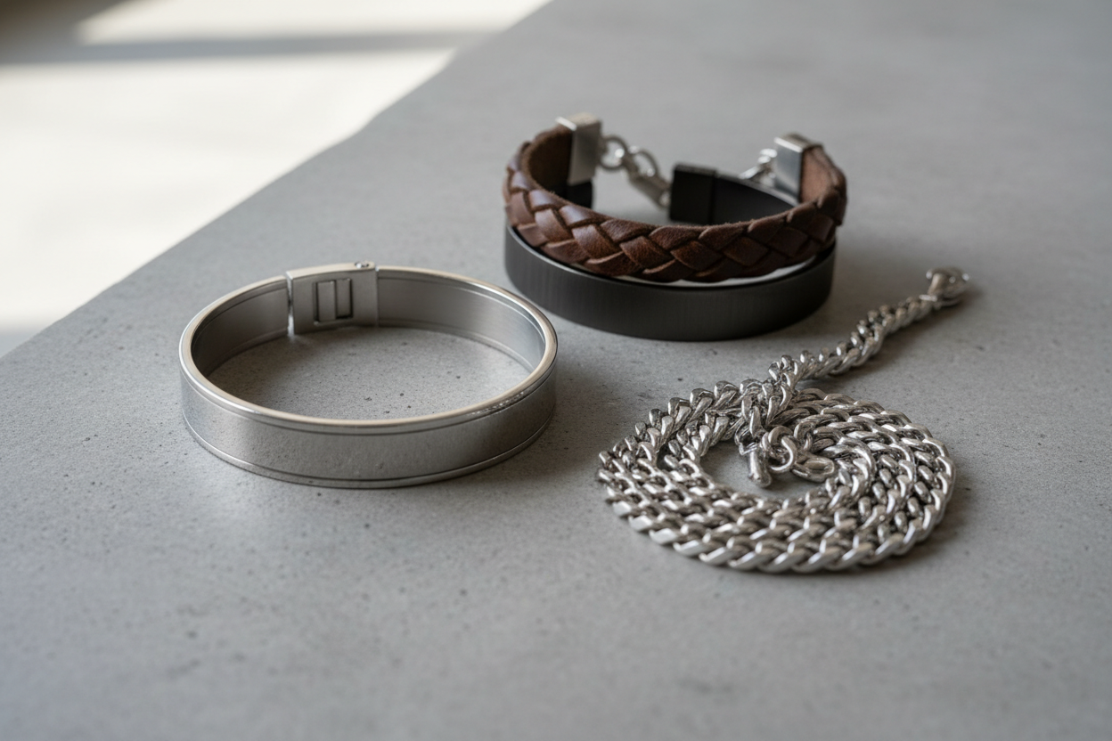 Comparaison visuelle des différentes matières et finitions de bijoux Diesel homme : acier brillant, brossé, noir PVD, cuir et argent.