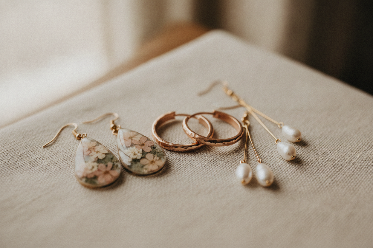 Boucles d'oreilles de mariée bohème artisanales tendance 2024, créoles dorées et résine fleurs séchées, photographiées sur lin naturel.