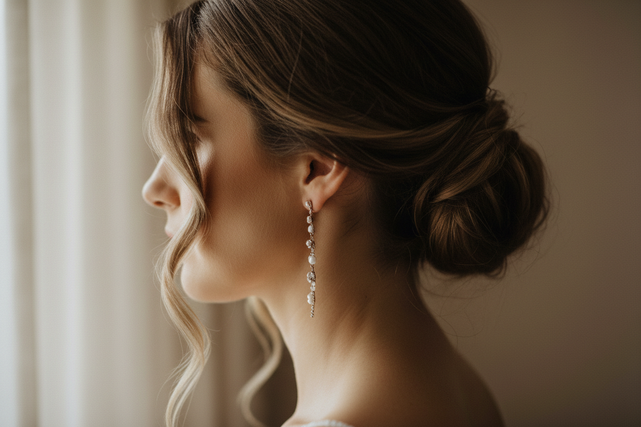 Profil d'une mariée en chignon mettant en valeur une boucle d'oreille pendante adaptée à sa coiffure.