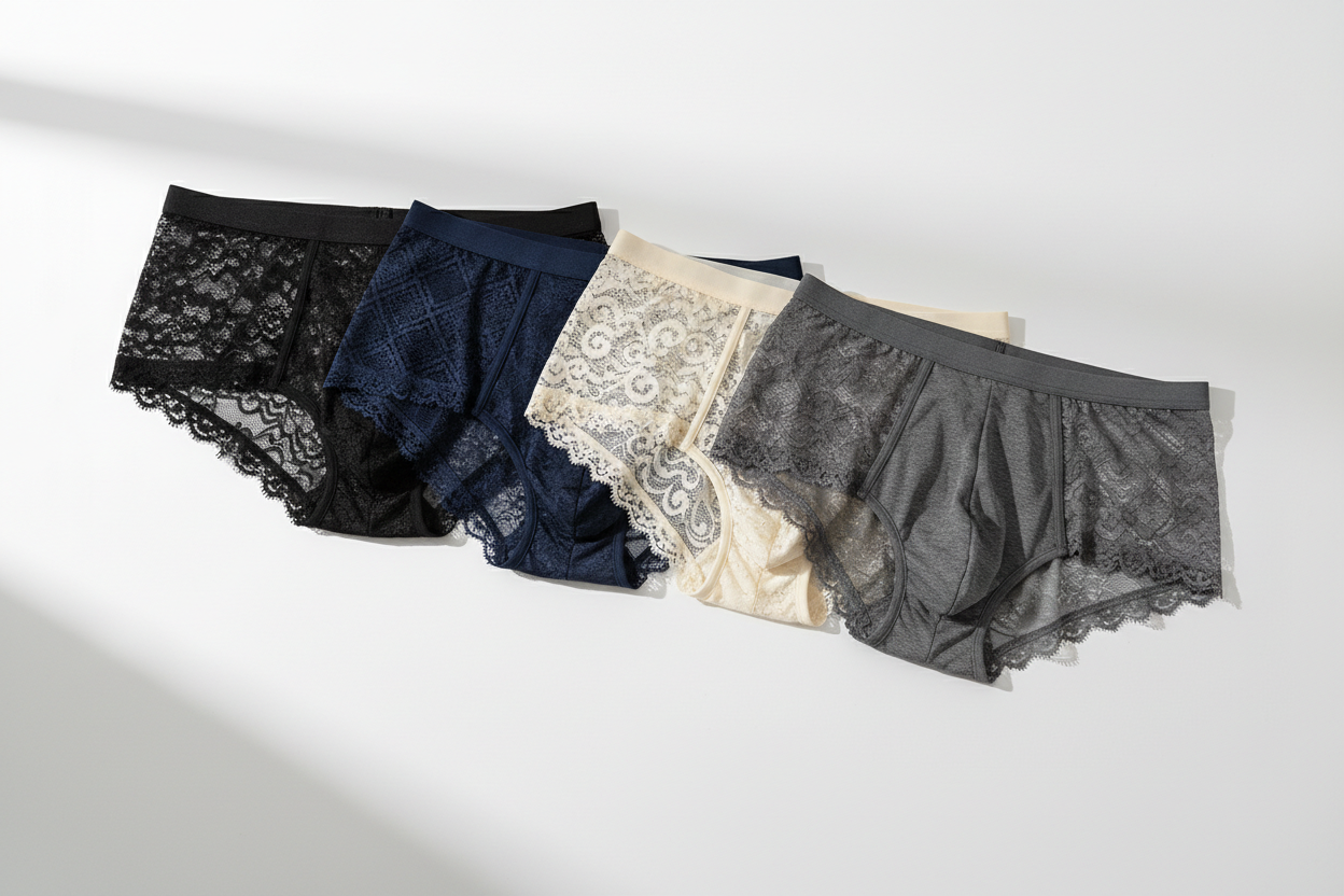 Plusieurs boxers en dentelle pour homme disposés côte à côte, comparant différentes coupes et textures de dentelle.