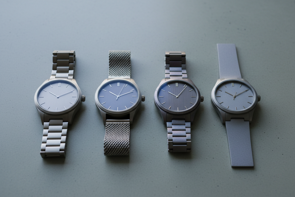 Quatre montres en titane côte à côte comparant les finitions de surface et traitements des différentes marques.
