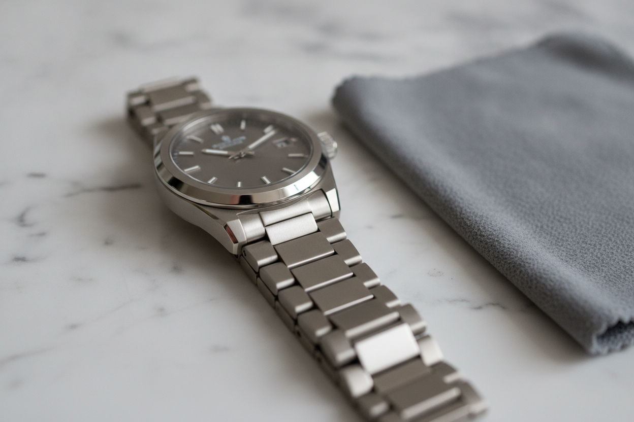 Boîtier de montre en titane posé sur marbre blanc avec un chiffon microfibre, illustrant l'entretien minimal requis.