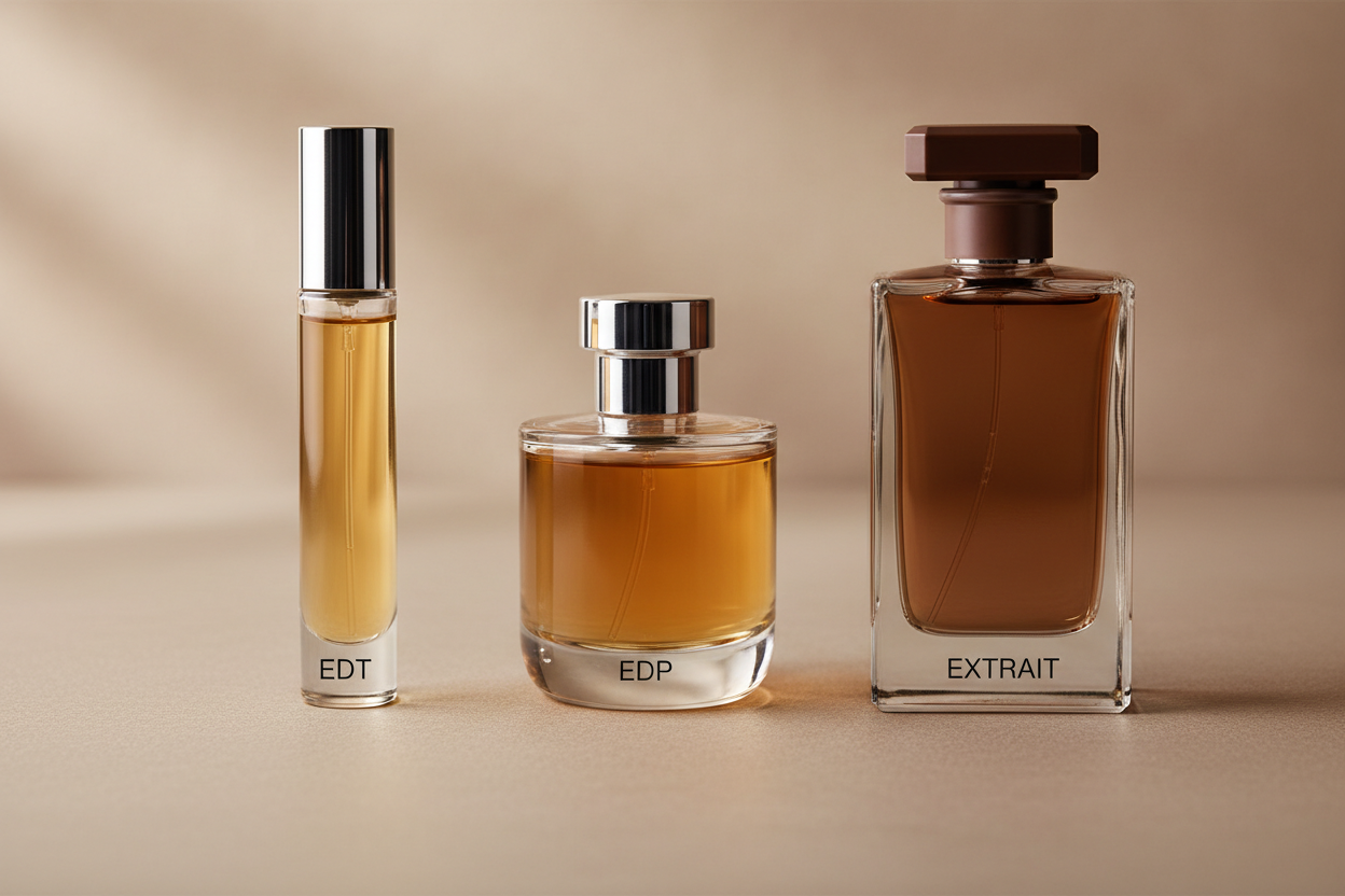 Trois flacons de parfum côte à côte montrant les différences de concentration et de couleur de liquide.