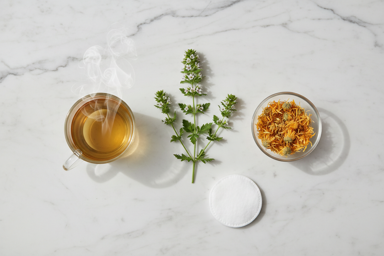 Euphraise fraîche, thé vert infusé et fleurs de calendula séchées pour remèdes conjonctivite naturels.