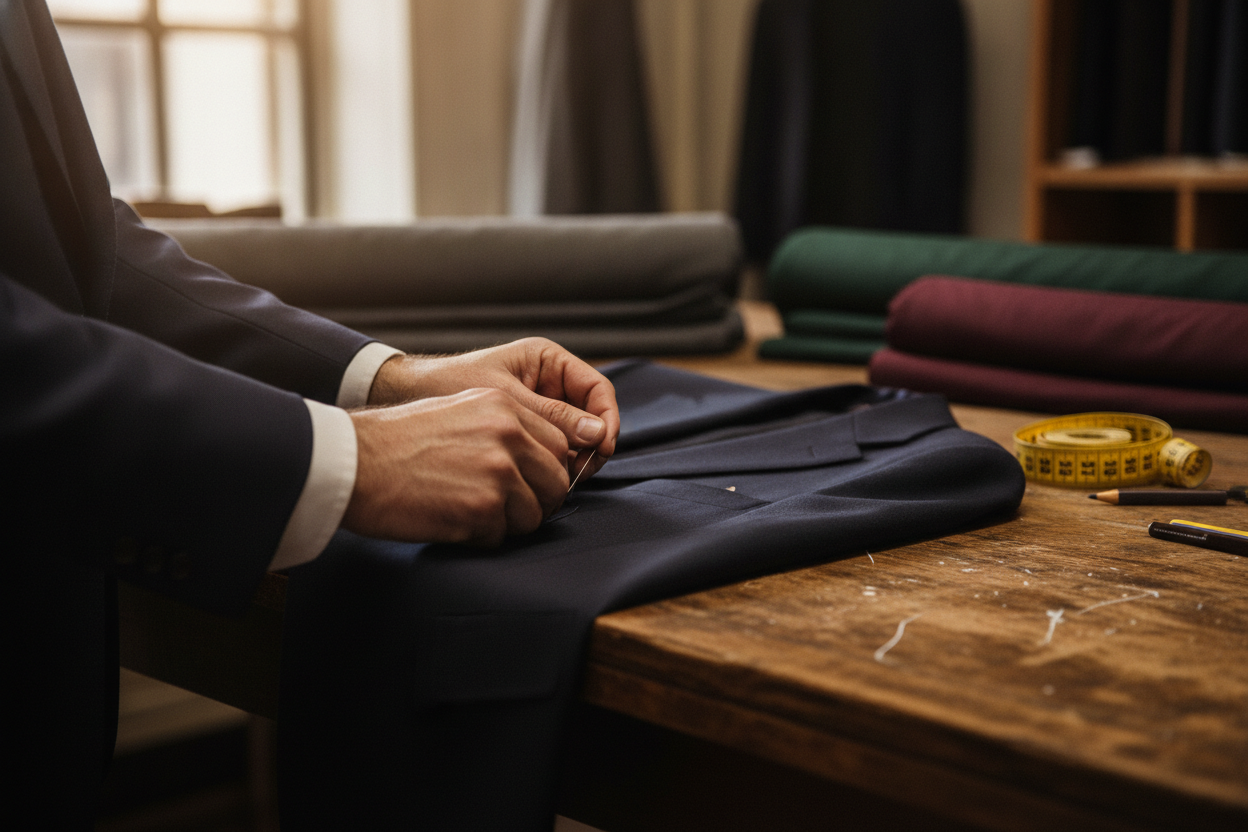 Les mains expertes d'un tailleur cousant à la main le revers d'un costume bespoke de luxe dans un atelier.