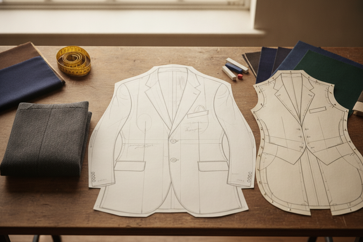 Trois types de patrons de costume côte à côte sur un établi de tailleur, illustrant les différences entre prêt-à-porter, made-to-measure et bespoke.