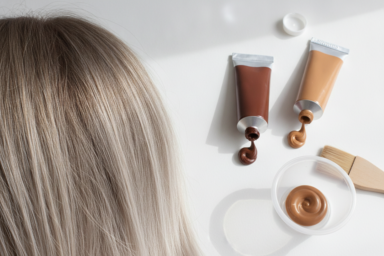 Racines châtaines visibles sur cheveux colorés blonds, avec deux teintes de coloration côte à côte pour choisir la bonne retouche.