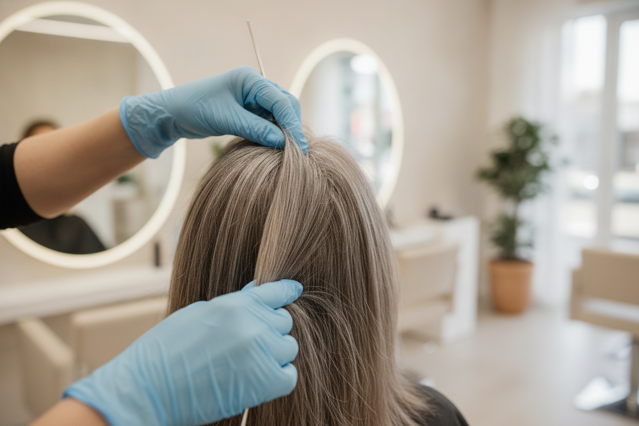 Racines blanches et grises visibles sur une chevelure colorée, examinées par une coiffeuse en salon.