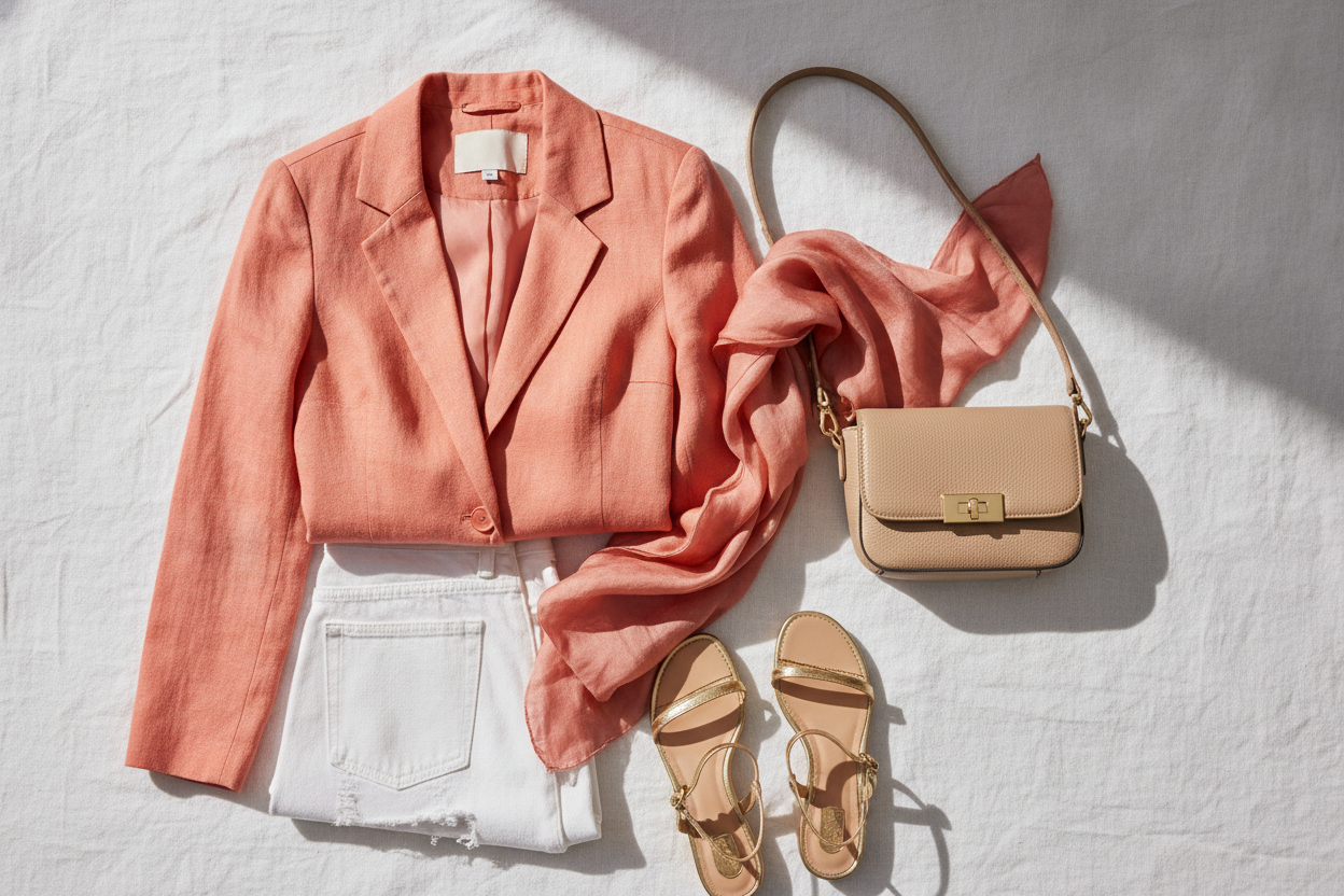 Tenue estivale avec un blazer corail, jean blanc, sandales dorées et foulard corail en accessoire.