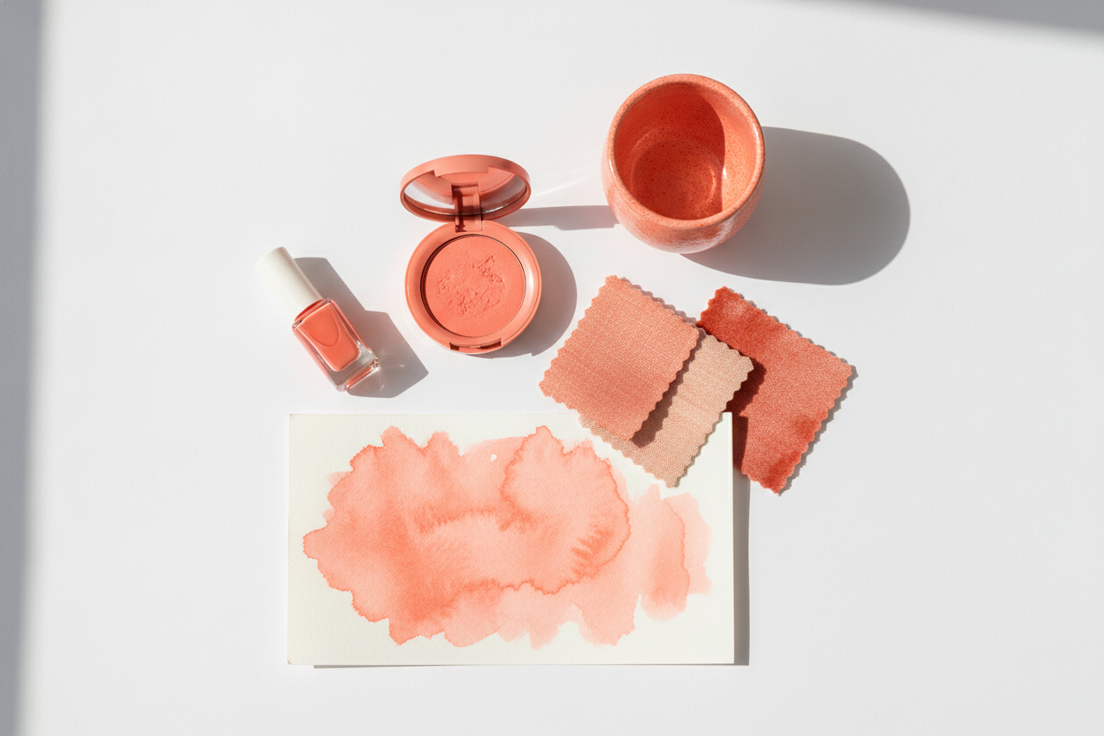 Collection d'objets design et beauté dans des tons corail vifs, illustrant l'usage de cette couleur en branding.