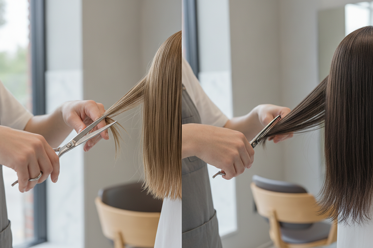 Comparaison entre une coupe au carré franc pour cheveux raides fins et une coupe effilée pour cheveux épais.