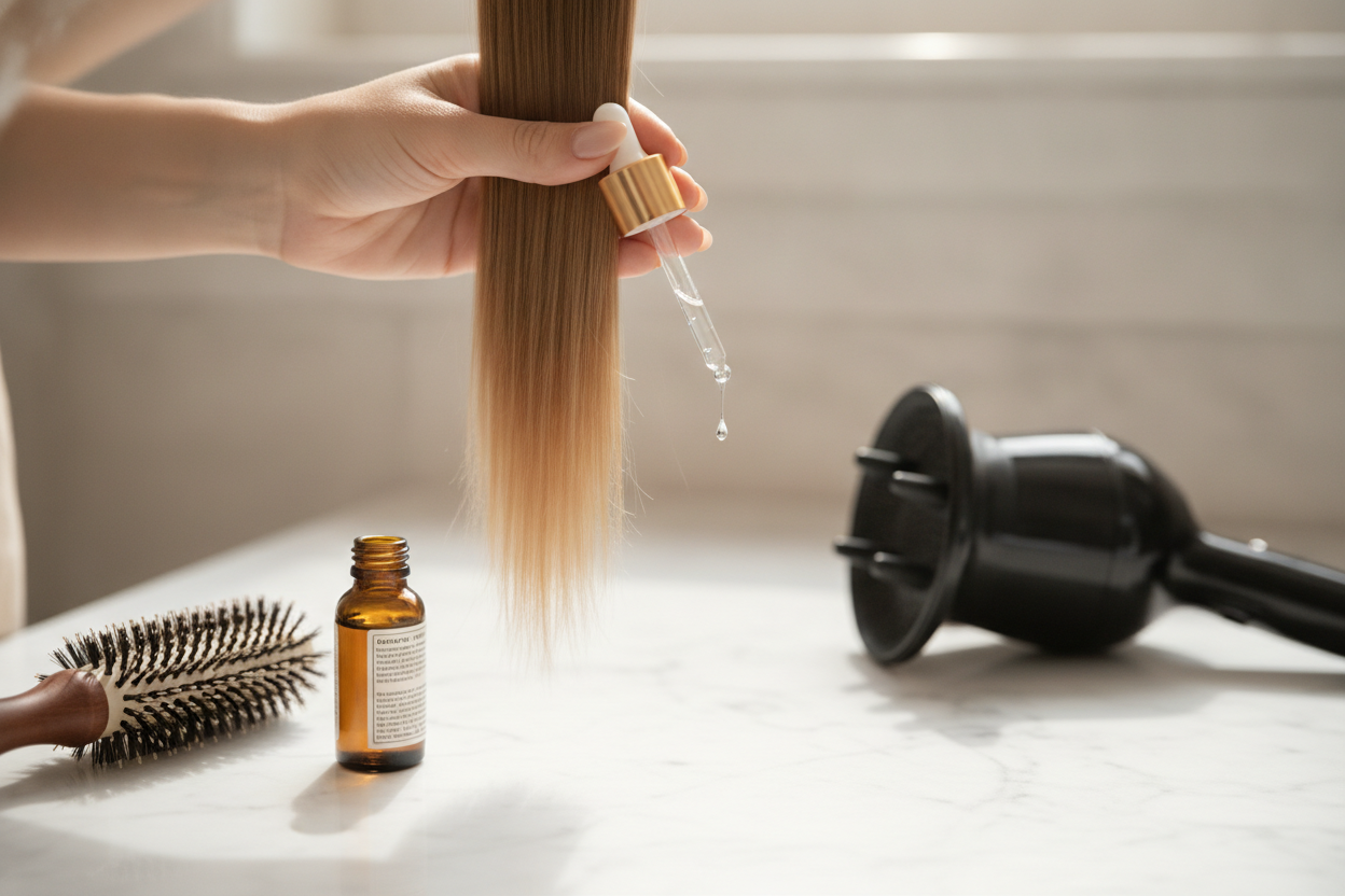 Application d'un sérum lissant sur les pointes de cheveux raides pour un entretien quotidien optimal.