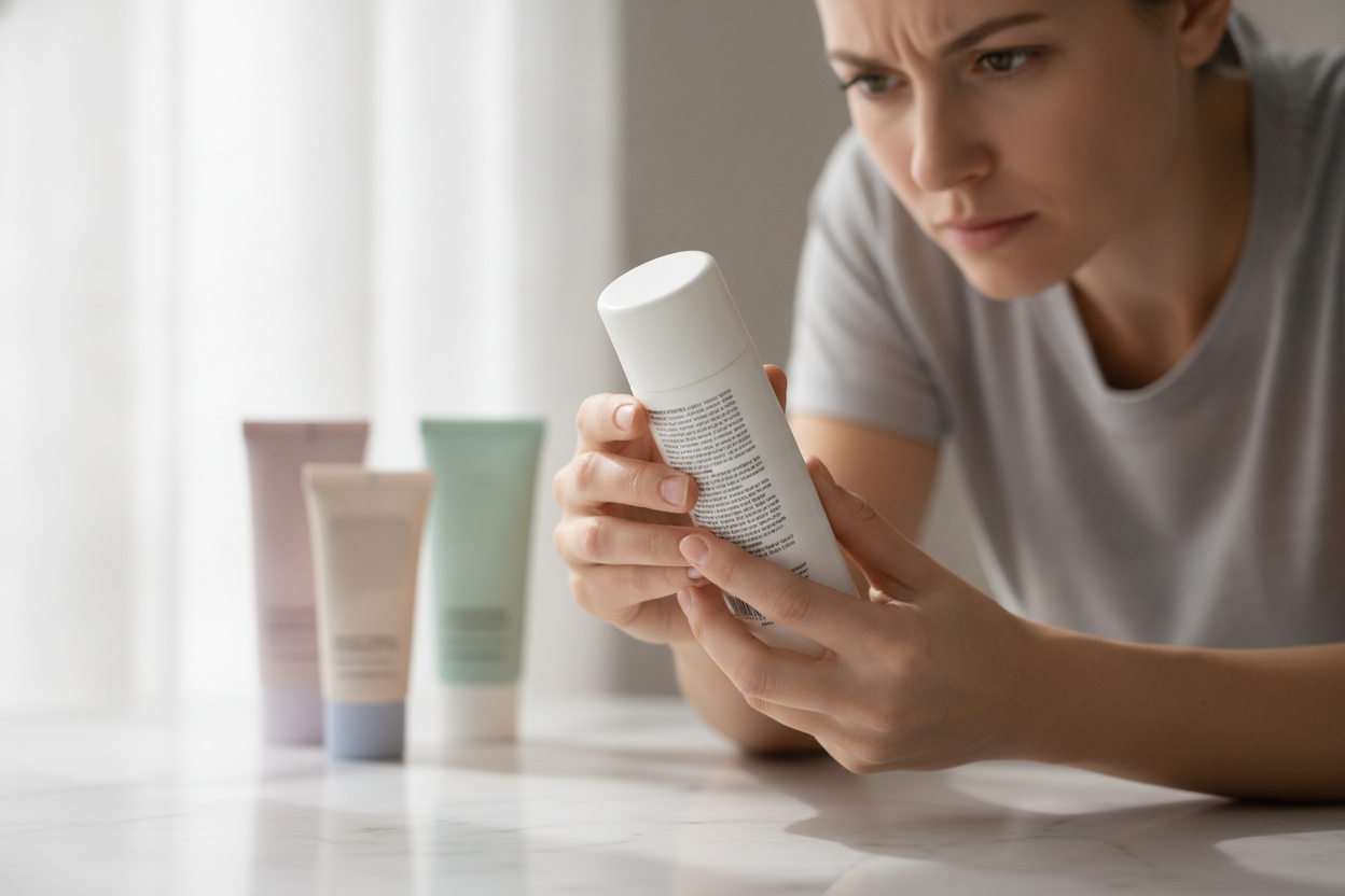 Une femme lit attentivement la composition d'une crème solaire pour vérifier ses contre-indications avant utilisation.
