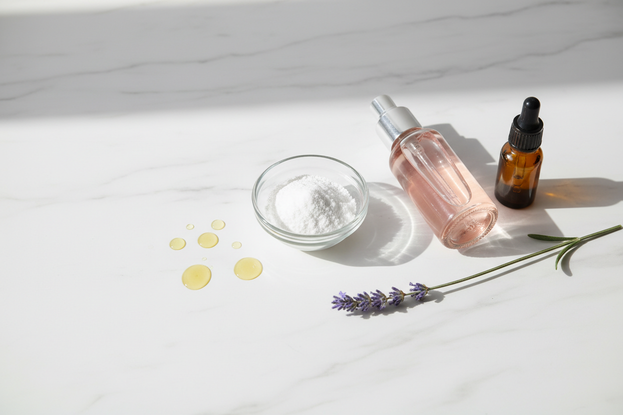 Alternatives naturelles pour l'hygiène intime : bicarbonate, hydrolat de rose, huile de jojoba et lavande fraîche.