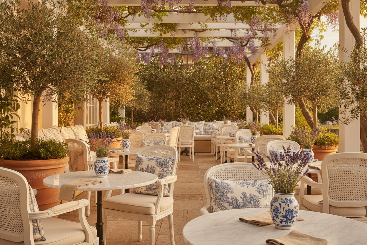 Terrasse élégante d'un café méditerranéen au style provençal chic, baignée de lumière dorée du Sud.