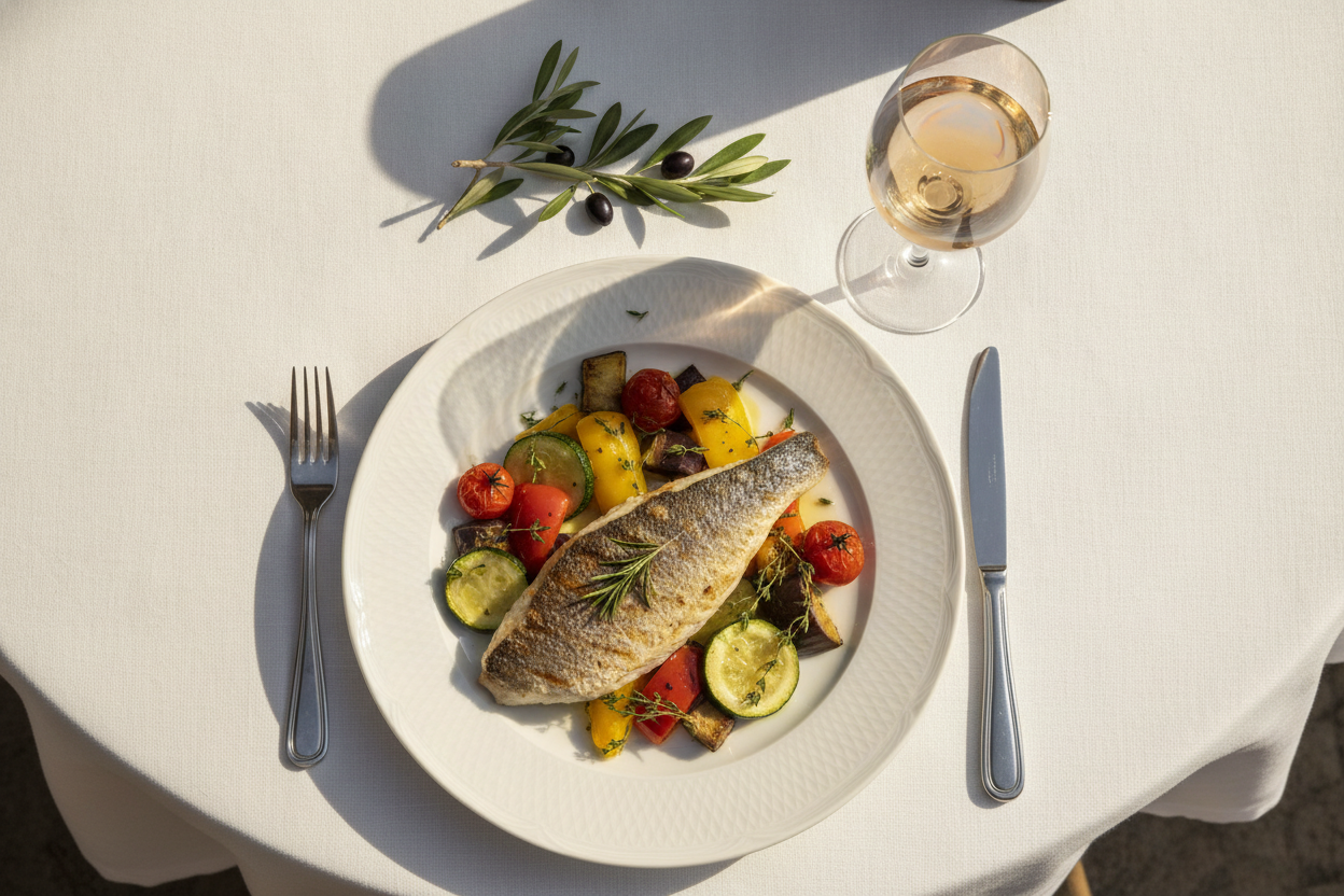 Assiette gastronomique méditerranéenne raffinée servie dans un cadre luxueux, accompagnée d'un verre de vin local.