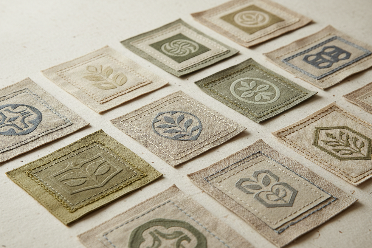 Gros plan sur différents labels de certification textile cousus sur des échantillons de tissus naturels