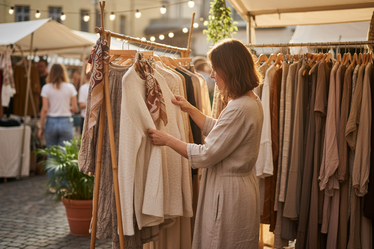 Femme explorant les matières et textures de vêtements lors d'une vente créateur en marché.