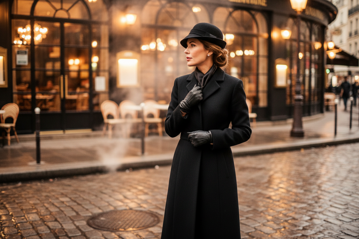 Femme élégante en manteau de laine noire lors d'une soirée hivernale urbaine raffinée.