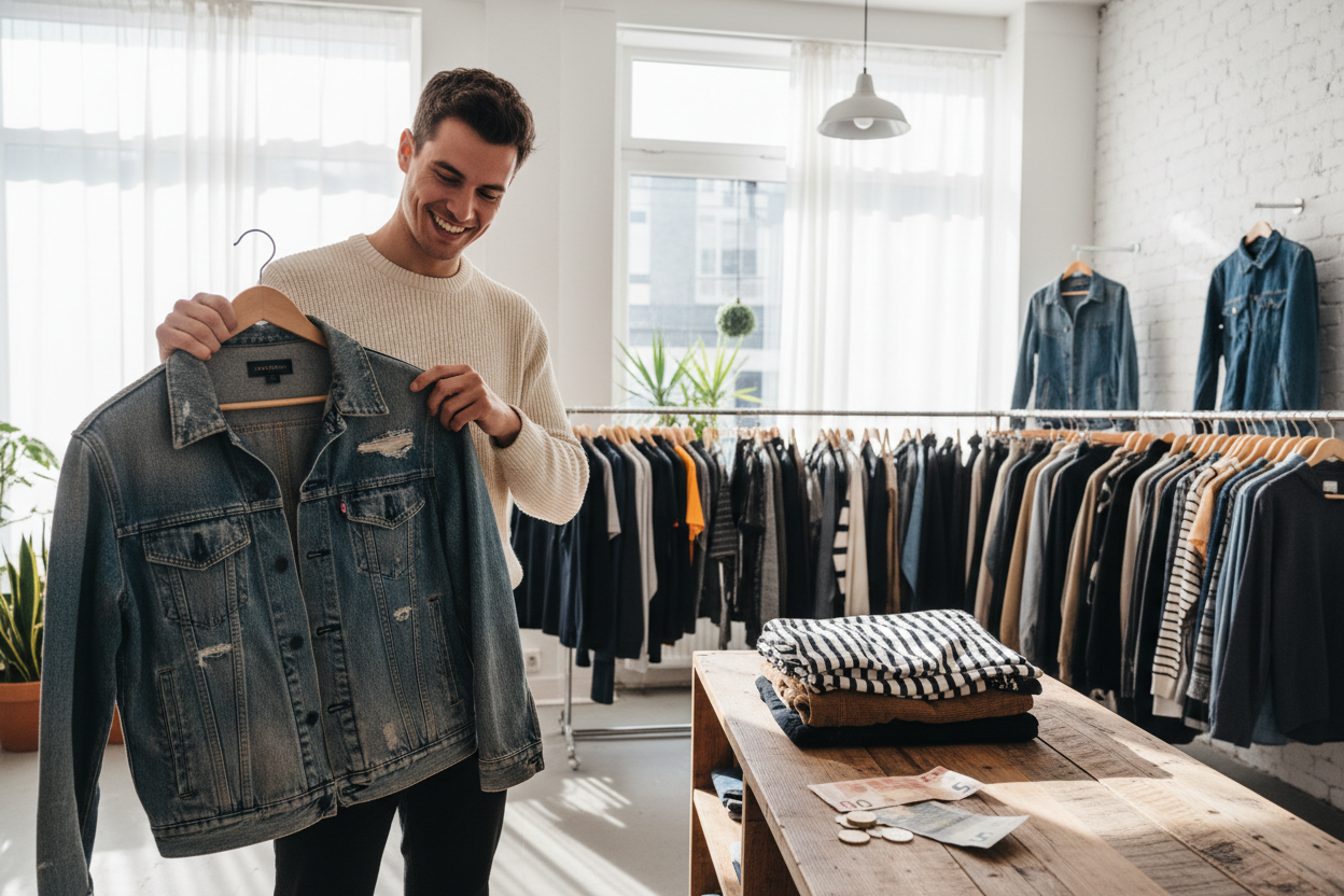 Un homme inspecte un jean de seconde main, illustrant les économies réalisées grâce aux achats en friperie en ligne.