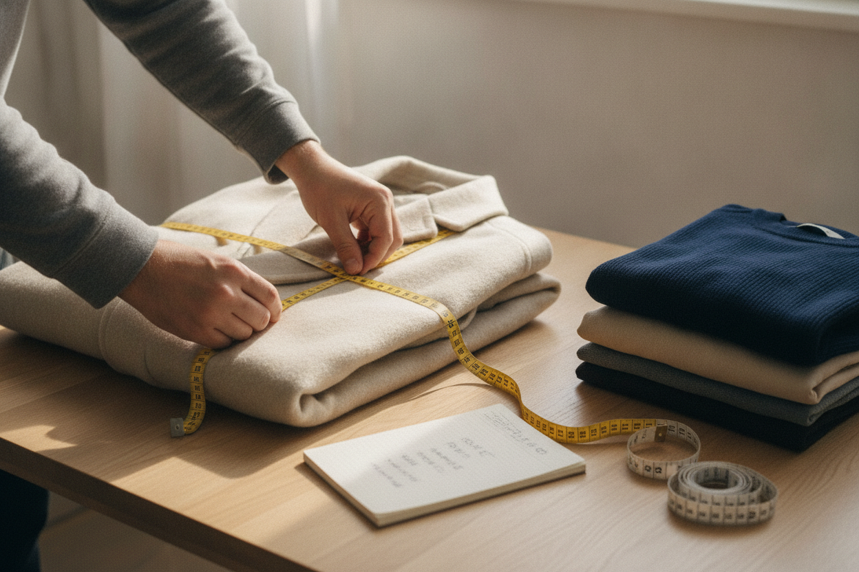 Homme mesurant un manteau en laine d'occasion avec un mètre ruban pour vérifier la taille avant achat en friperie en ligne.