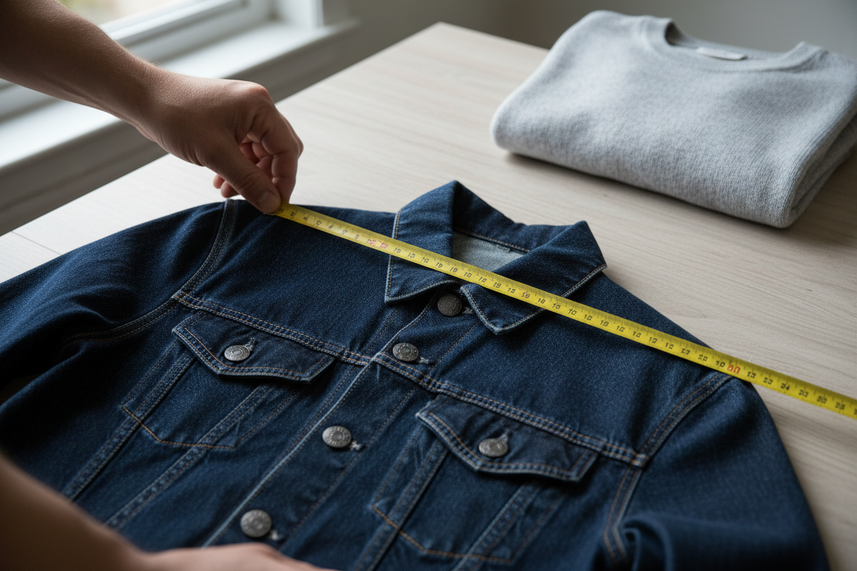 Homme mesurant les épaules d'une veste en jean à plat avec un mètre ruban pour vérifier la taille avant achat en ligne.