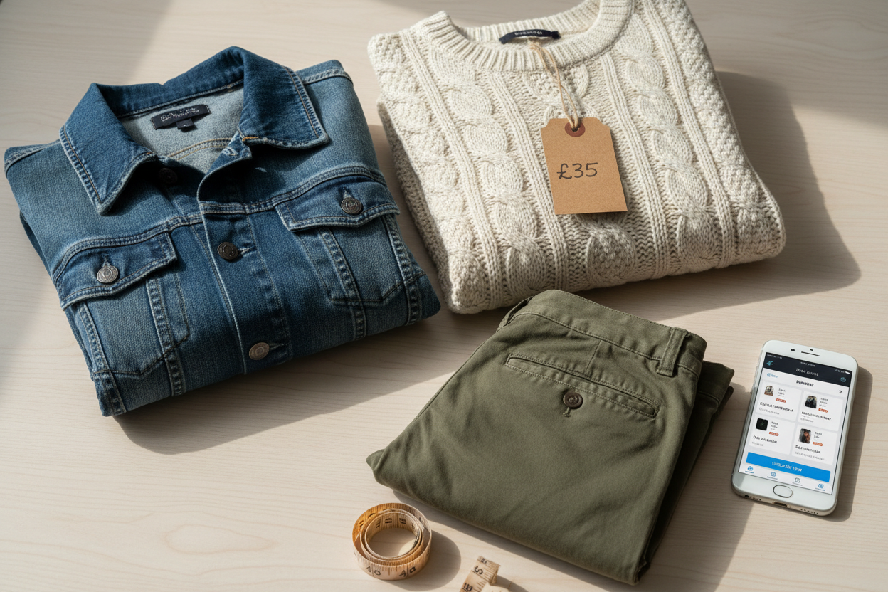 Vêtements masculins d'occasion soigneusement préparés pour la revente en ligne, posés à plat sur une surface claire.