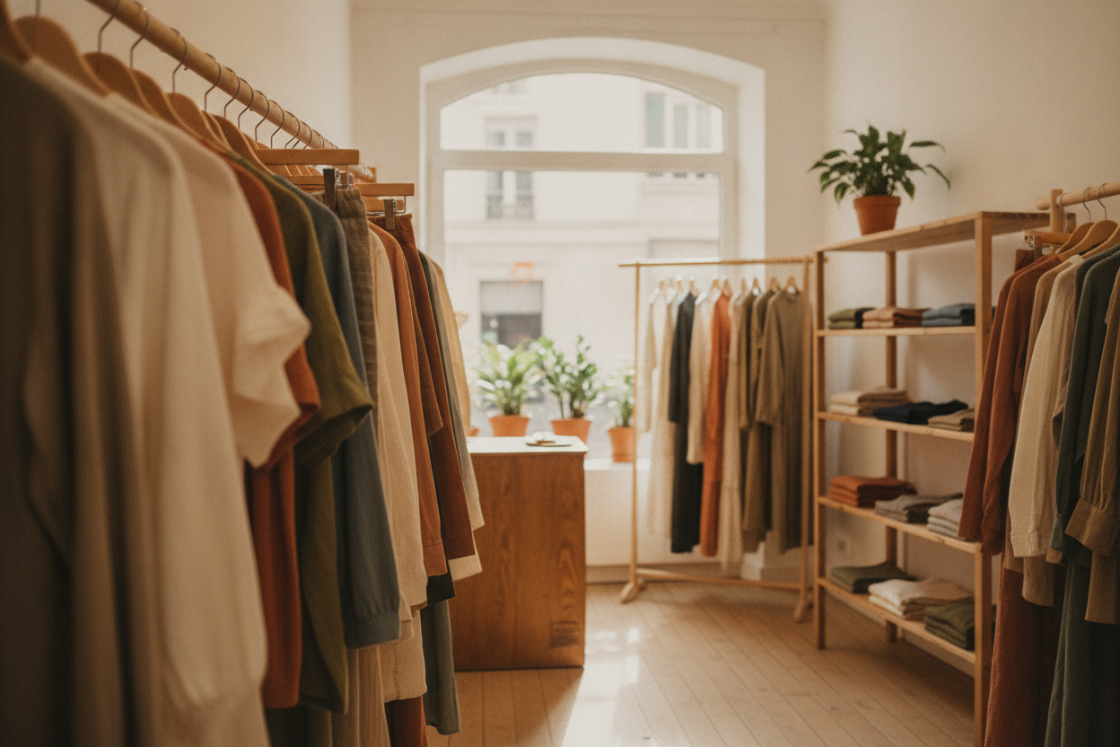 Intérieur soigné d'une friperie éco-responsable parisienne avec des vêtements femme bien rangés sur des portants.