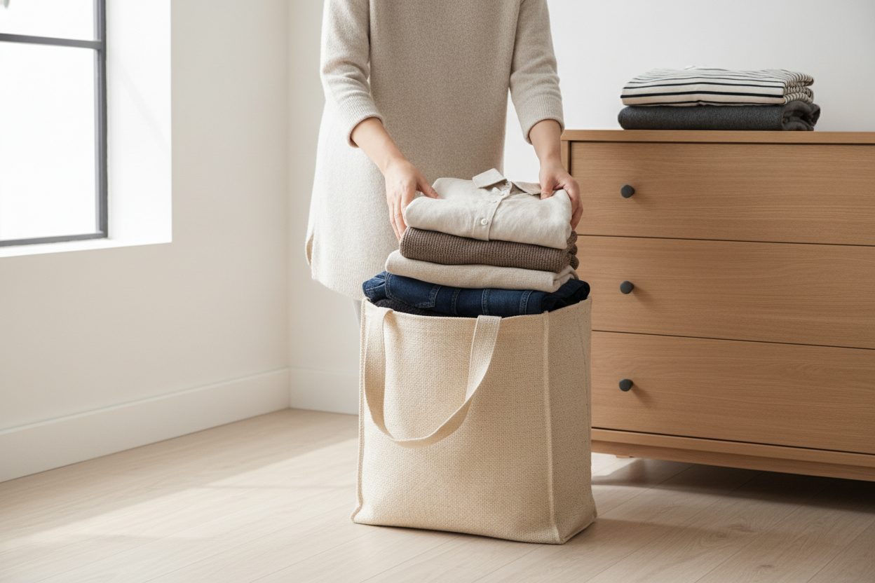 Personne préparant des vêtements propres et pliés dans un sac avant un dépôt en friperie.
