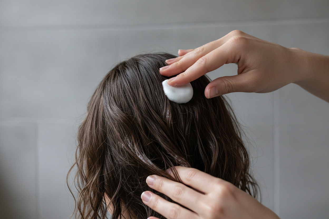 Mains appliquant du shampoing sur cheveux secs pour éliminer les résidus de cire coiffante.