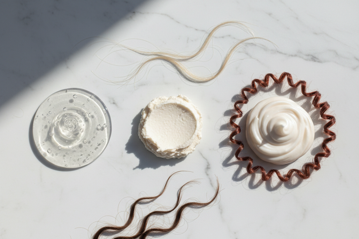Différents types de produits coiffants gel et cire présentés selon les textures de cheveux fins, épais ou bouclés.