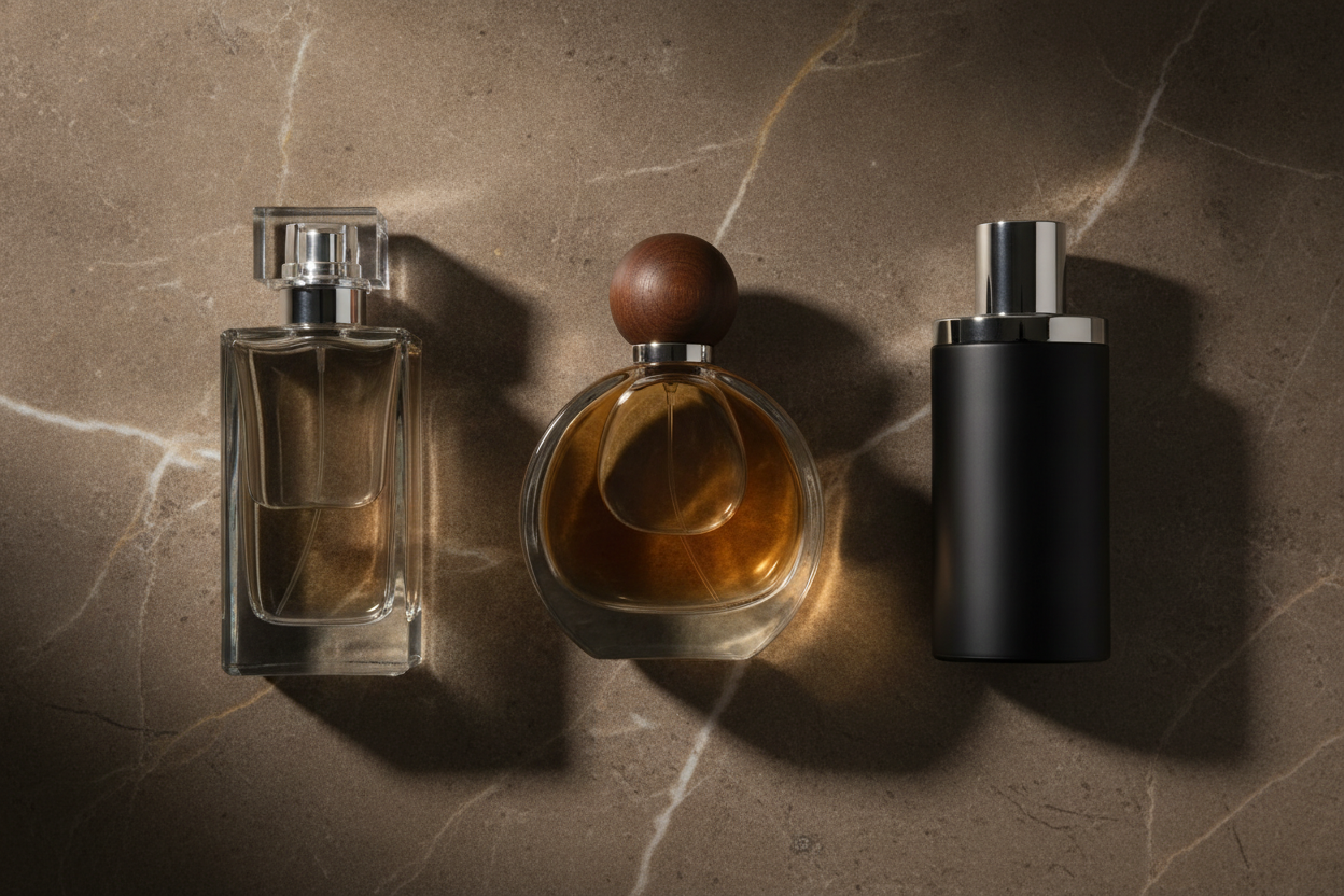 Trois flacons de parfum masculin aux formes distinctes alignés sur une surface en marbre sombre.